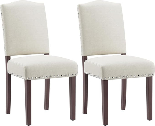 Upholstered Parsons Dining Chairs Set of 2, Modern Dining Room Chairs with Back, Fabric Kitchen Side Chairs with Wood Legs, Nailhead Trim for Dinner Farmhouse Restaurant, Beige
