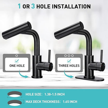 Bathroom Sink Faucet with 4 Mode Pull Down Sprayer, Matte Black Single Handle Pull Out Faucet with Pop-Up Drain, 1 or 3 Hole Laundry Bar Basin Faucet with Deck Plate