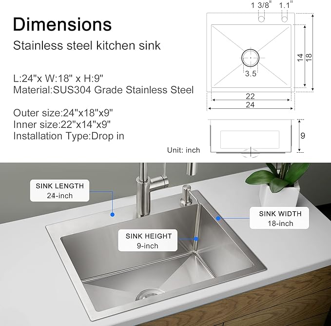 MENATT 24 Inch Drop-in Kitchen Sink, 304 Stainless Steel Topmount Handmade Residential Sink, Single Bowl Workstation Sink with Drain Kit (Brushed), 24"x18"x9"