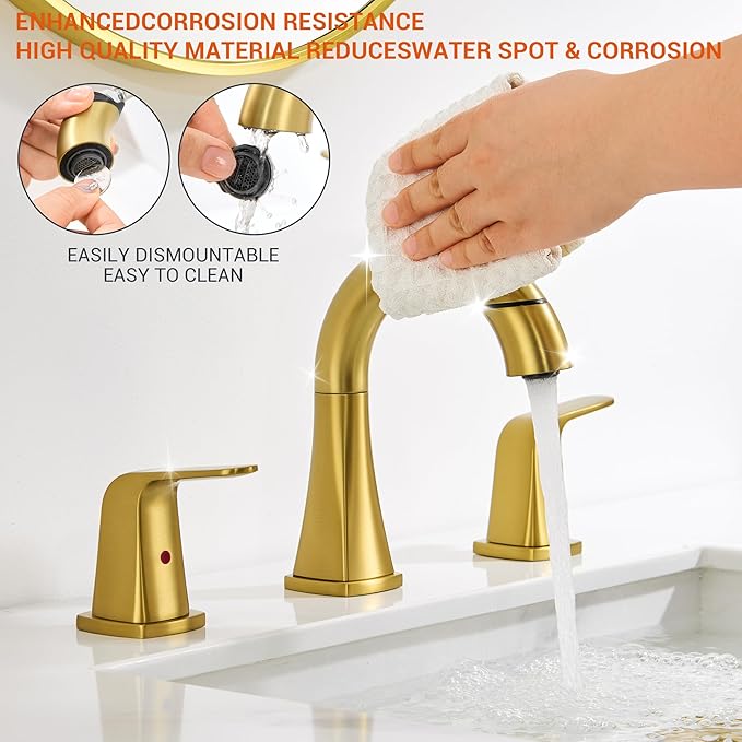 Gold Bathroom Faucet with Sprayer - Brushed Gold Faucets for Sink 3 Holes, Bathroom Pull Down Faucet, 2 Handles 8 Inch Widespread Vanity Faucet with Pull Out Sprayer & Pop-up Drain