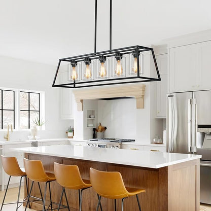 Kitchen Island Lighting,5-Light Black Chandeliers for Dining Room Light Fixtures Over Table, Farmhouse Rectangle Chandelier Island Lights for Kitchen with Cylinder Clear Glass