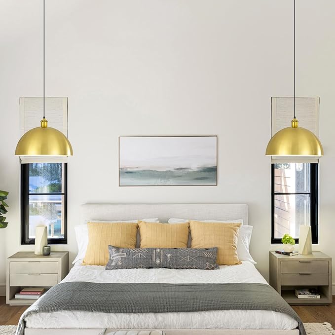 Gold Pendant Light, 12" Farmhouse Ceiling Light with Gold and White, Elegant Semi-Circular Shade Design, Adjustable Height Industrial Dome Pendant Lights for Kitchen Island, Dining Room