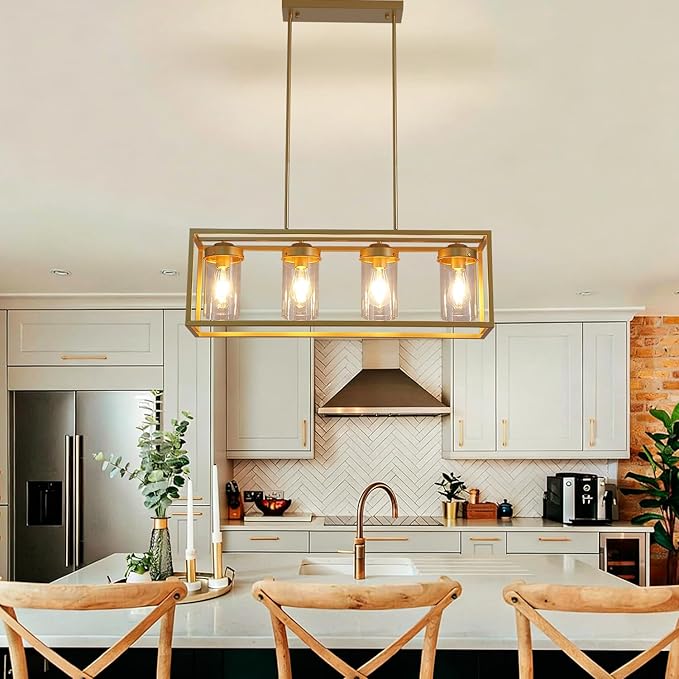 Gold Dining Room Light Fixture，Farmhouse Chandeliers for Dining Room，Rustic Rectangle Chandelier with Clear Glass Shade，Vintage Antique Linear Kitchen Island Light Fixtures