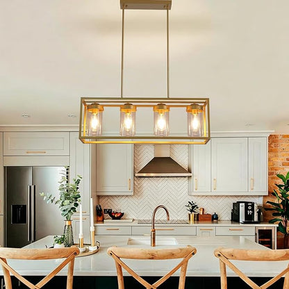 Gold Dining Room Light Fixture，Farmhouse Chandeliers for Dining Room，Rustic Rectangle Chandelier with Clear Glass Shade，Vintage Antique Linear Kitchen Island Light Fixtures