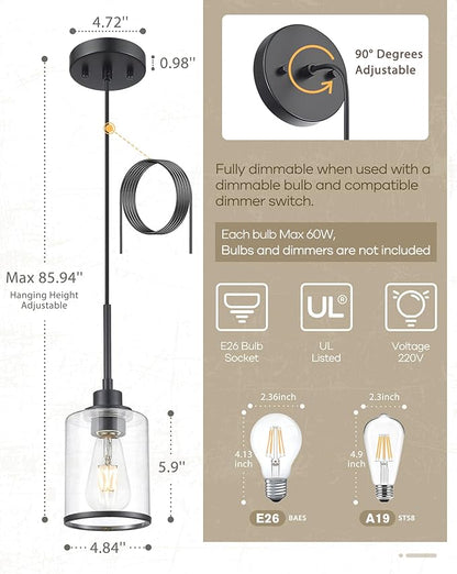 Beionxii Pendant Lights Kitchen Island, Modern Kitchen Pendant Lighting Over Island with Clear Glass, Matte Black Pendant Light Fixtures for Sink, Dining Room, Entryway, BX-PL02MB-CG