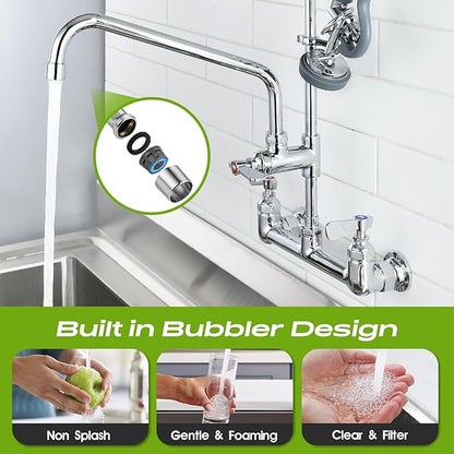 42" Height Commercial Sink Faucet with Sprayer, 8 Inch Center Wall Mount Kitchen Sink Faucet with Down Pre-Rinse Sprayer, Compartment Sink Faucet with 12" Swivel Spout for Restaurant
