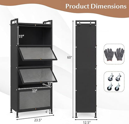 Giantex 5-Tier Kitchen Storage Cabinet, Mobile Microwave Stand with Flip-up PC Doors, Freestanding Kitchen Bakers Rack with 4 Rolling Casters, for Dining Room, Living Room and Study, Black