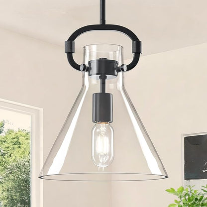 GoYeel Black Glass Pendant Light 9.8", Farmhouse Hanging Lighting 1 Light Kitchen Island Light Fixtures with Funnel Glass Shade for Kitchen Over Dining Table, E26 Base,Adjustable Height,Dimmable