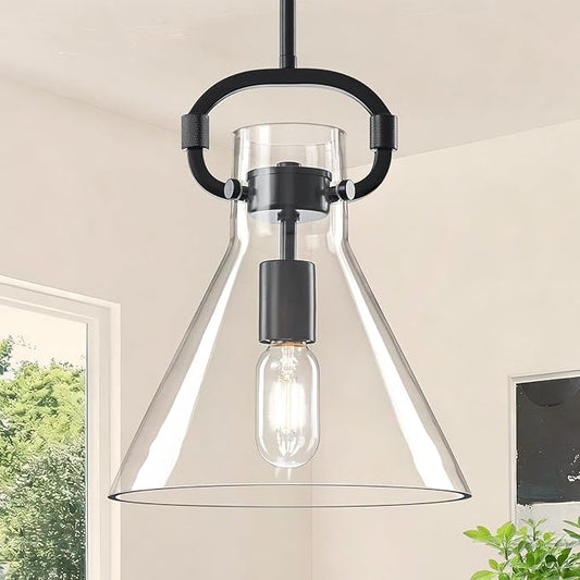 GoYeel Black Glass Pendant Light 9.8", Farmhouse Hanging Lighting 1 Light Kitchen Island Light Fixtures with Funnel Glass Shade for Kitchen Over Dining Table, E26 Base,Adjustable Height,Dimmable