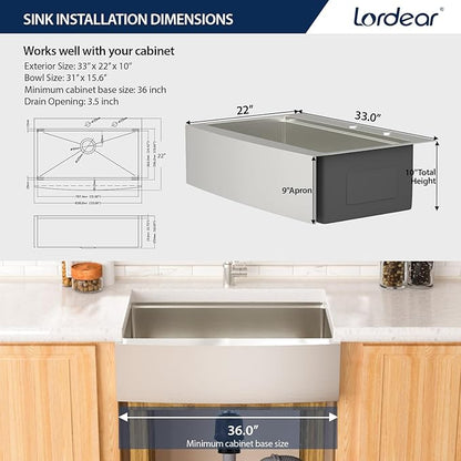 Lordear 33 Undermount Farmhouse Sink Workstation 33 x 22 Undermount Farmhouse Kitchen Sink Apron Front 16 Gauge Stainless Steel Deep Single Bowl Ledge Kitchen Sinks