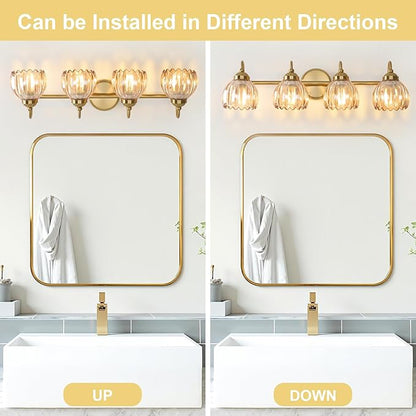 Vintage Bathroom Light Fixtures, Brass Vanity Lights with Amber Tulip Glass Shade, Vanity Sconces for Bathroom Bedroom Living Room Hallway, 4-Light