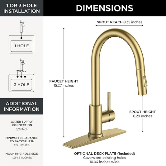 FORIOUS Gold Kitchen Faucet with Pull Down Sprayer, Classic Single Hole Kitchen Sink Faucet with Deck Plate, Single Handle, High Arc Stainless Steel, Fit for RV Bar Farmhouse Laundry Outdoor