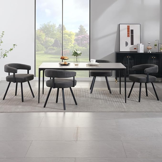 Modern Barrel Dining Chairs Set of 2, Grey PU Leather Upholstered Dining Room Chairs with Arms, Comfy Kitchen Chairs with Black Metal Legs for Dinner Living Room