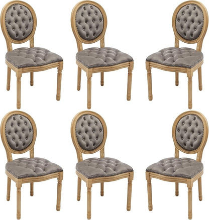 Velvet Dining Chairs Set of 6, Vintage Wooden Dining Chair with Solid Wood Legs, Upholstered Farmhouse Kitchen Chair for Living Room, Restaurant, Bedroom (Gray, Set of 6)
