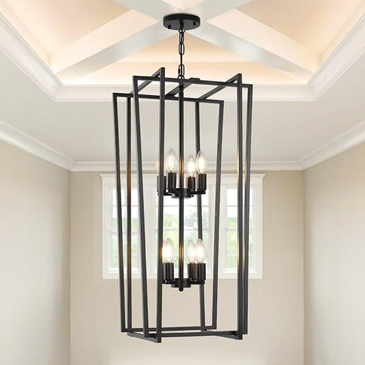 8-Light Tiered Lantern Pendant Light Fixtures,Large Foyer Chandeliers for High Ceilings,Industrial Foyer Lighting Fixtures,Long Chandeliers for High Ceilings,Farmhouse Chandelier for Entryway, Black