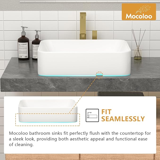 Mocoloo Rectangle Vessel Sink 19"x15" Ceramic Bathroom Sinks White Porcelain Lavatory Small Vanity Sink Basin without Overflow Drain Above Countertop Installation