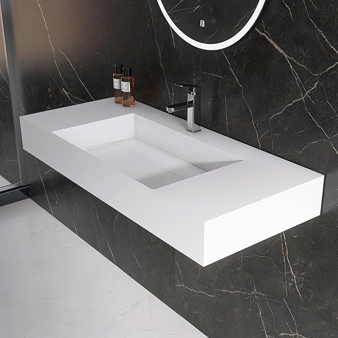 42" x 18" Wall Mount Sink, Stone Resin Rectangular Bathroom Sink, Modern Floating Vessel Sinks for Vanity, Art Basin Trough, Durable and Stylish Bathroom Sinks for Modern Homes, White