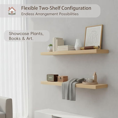 Lufia Floating Wall Shelves, Set of 2, MDF with Invisible Brackets, Modern Storage for Bedroom, Bathroom, Living Room, Kitchen (Oak, 28" W x 7" D x 1.5" H)