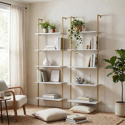 aboxoo Ladder Shelf 2PCS White Marble Bookshelf 5-Tier Wall-Mounted Wood Rack Open Industrial Modern Plant Flower Stand Utility Organizer Bookcase Metal Frame Furniture Office Kitchen Bedroom