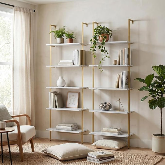 aboxoo Ladder Shelf 2PCS White Marble Bookshelf 5-Tier Wall-Mounted Wood Rack Open Industrial Modern Plant Flower Stand Utility Organizer Bookcase Metal Frame Furniture Office Kitchen Bedroom