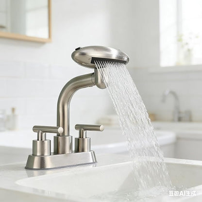 TUTEW Brushed Nickel Bathroom Sink Faucet，Modern 3 Hole Bathroom Faucet 2 Handle 4 Inch Centerset with 4 Water Outlet Modes, 360° Swivel Spout & Pop-Up Drain