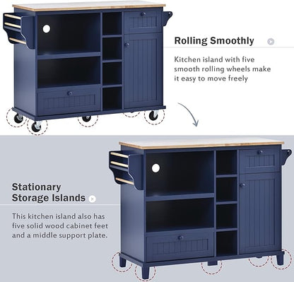 Kitchen Island Cart with Storage Cabinet and Two Locking Wheels, Microwave Cabinet, Solid Wood Desktop, Floor Standing Buffet Server Sideboard for Kitchen Room, Dining Room, Bathroom (Dark blue-JZP1)