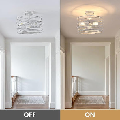 White 3-Light Rustic Drum Semi Flush Ceiling Light Fixture, Retro Farmhouse Chandeliers Metal Cage for Dining Room, Industrial Pendant Light Fixture for Entryway Kitchen Foyer Bedroom