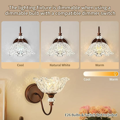 1-Piece Antique Red Bronze Vintage Wall Sconce with Floral Clear Glass Shade, Farmhouse Wall Mount Lighting for Bathroom,Vintage Bathroom Vanity Light Fixtures