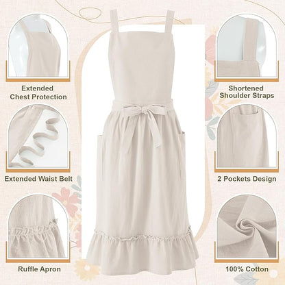 100% Cotton Aprons with Pockets Pinafore Dress for Women Vintage Cute Aprons for Kitchen Baking Gardening Painting