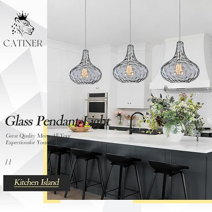 CATINER 11" Smoked Hammered Glass Pendant Light – Blown Glass Ceiling Fixture with Brushed Nickel Finish, Modern Industrial Lighting for Kitchen Island, Dining Room, Hallway, Living Room