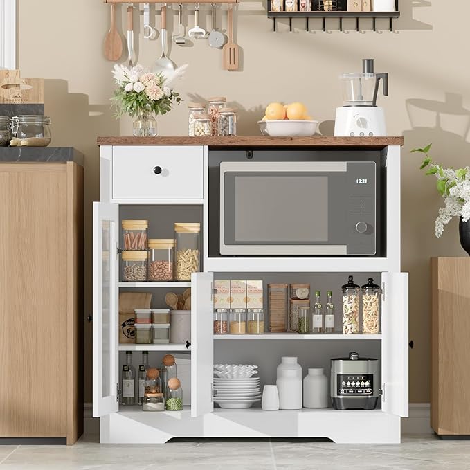 Storage Cabinet with Adjustable Shelves & Microwave Stand, Buffet Sideboard with Drawer, Single and Double Doors for Kitchen, Dining Room, White & Walnut