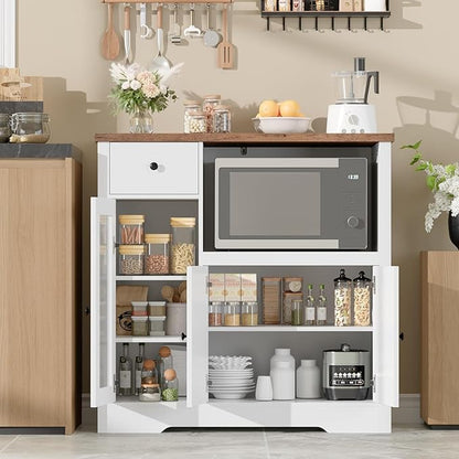 Storage Cabinet with Adjustable Shelves & Microwave Stand, Buffet Sideboard with Drawer, Single and Double Doors for Kitchen, Dining Room, White & Walnut