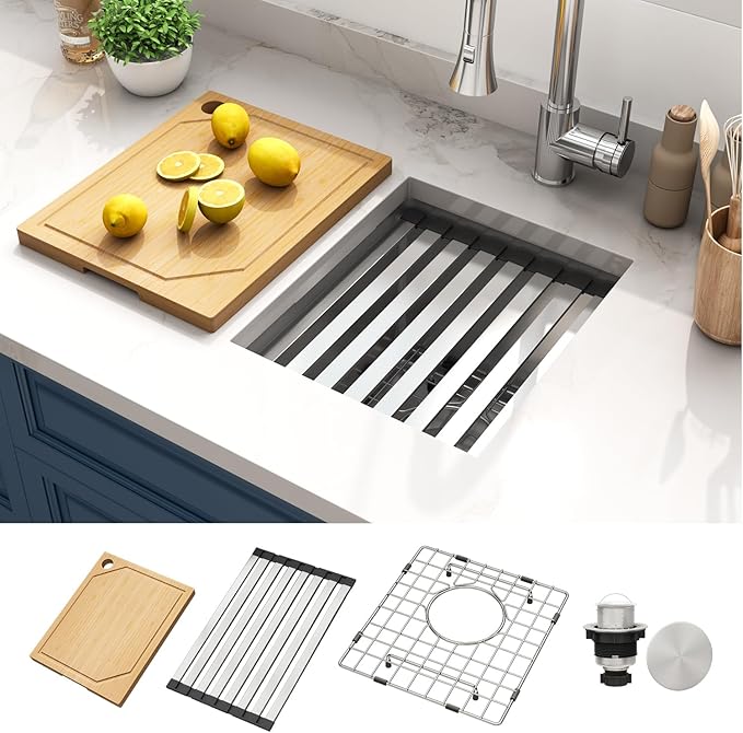 LQS 13 Inch Undermount Bar Sink, Stainless Steel RV Kitchen Sink, 10" Depth Small RV Kitchen Sink, 16 Gauage Stainless Steel Material, Workstation Ledge With Cutting Board and Abundant Accessories