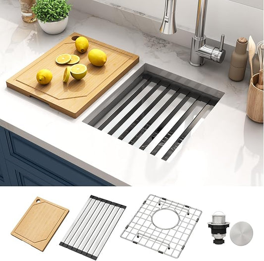 LQS 13 Inch Undermount Bar Sink, Stainless Steel RV Kitchen Sink, 10" Depth Small RV Kitchen Sink, 16 Gauage Stainless Steel Material, Workstation Ledge With Cutting Board and Abundant Accessories