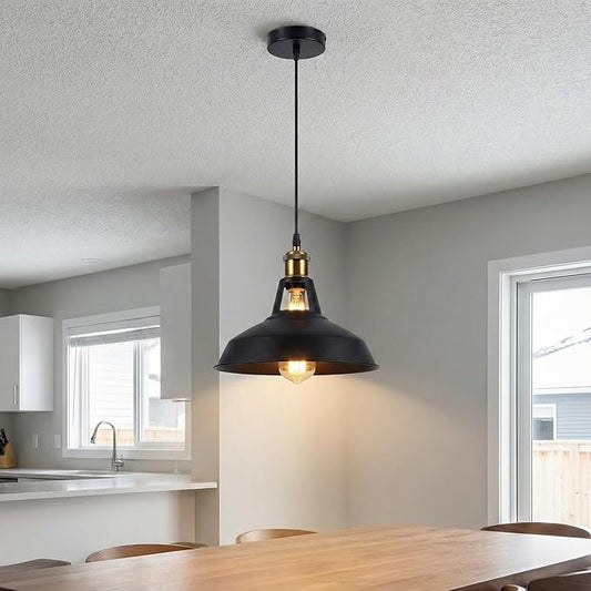Black Industrial Farmhouse Pendant Light 1m Adjustable Cord, Vintage Barn Metal Hanging Lamp Fixture, Rustic Retro Ceiling Lighting for Kitchen Island Dining Bar Loft E26 (Black)
