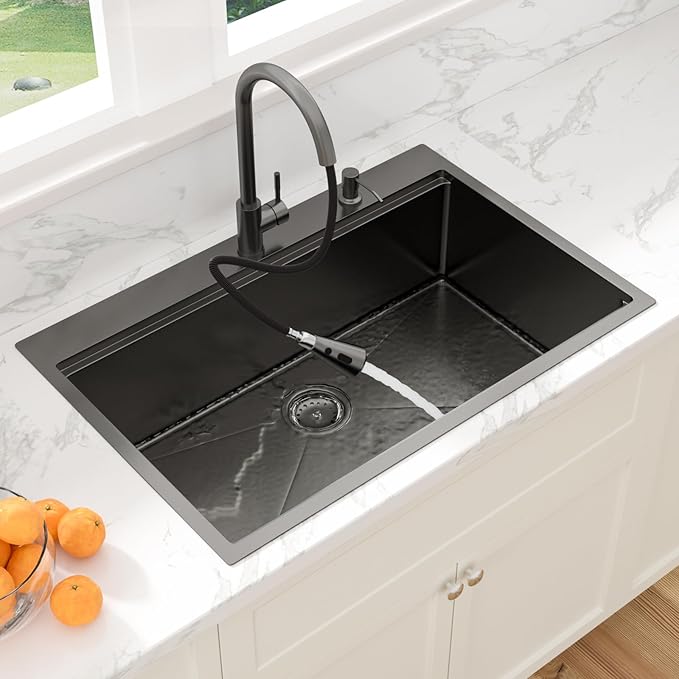 Sarlai 33 Black Kitchen Sink with Faucet- 33x22 Inch Drop In Kitchen Sink Gunmetal Black Ledge Workstation Sinks 16 Gauge Stainless Steel Single Bowl Topmount Sinks Basin with Pull-out Faucet