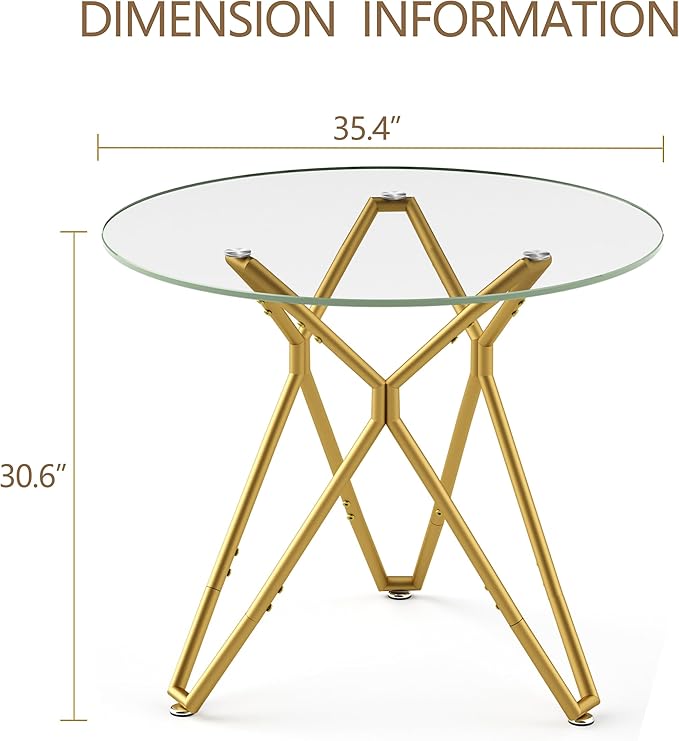 SSLine 35.4" Round Glass Dining Table for 2-4 Modern Circle Glass Tabletop Kitchen Table for 4 Luxury Dinner Tables with Gold Nest Metal Base for Home Kitchen Dining Room(Table Only)