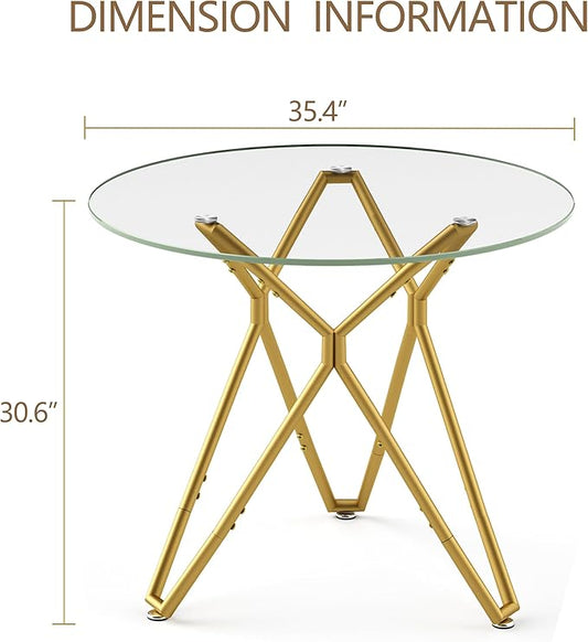 SSLine 35.4" Round Glass Dining Table for 2-4 Modern Circle Glass Tabletop Kitchen Table for 4 Luxury Dinner Tables with Gold Nest Metal Base for Home Kitchen Dining Room(Table Only)