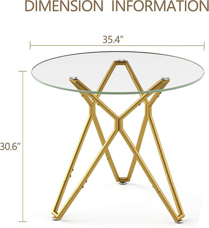35.4" Round Dining Table for 4, Modern Clear Glass Kitchen Table for 4 with Gold Metal Legs, Compact Small Circle Dining Room Leisure Tables for Kitchen Apartment