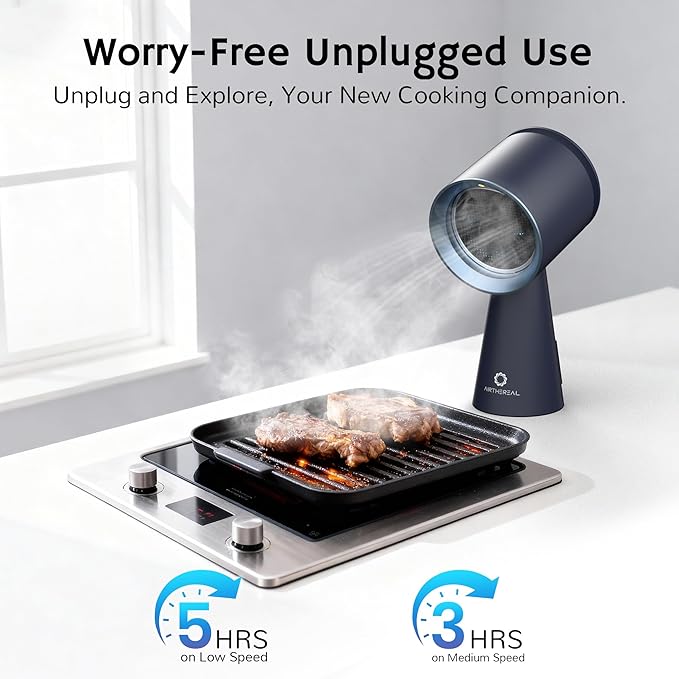 AIRTHEREAL Portable Range Hood with Rechargeable Battery, 3-Speed Suction Desktop Exhaust Fan, Tabletop Smoke Extractor for Indoor BBQ, Hibachi, RV, Apartment, and Dorm, RH180B Blue