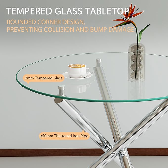 Pvillez 36“ Round Dining Table for 4, Contemporary Tempered Glass Dining Table, Small Dinner Table with Silver Cross Metal Base, Round Clear Kitchen Table Writing Desk for Dining Kitchen