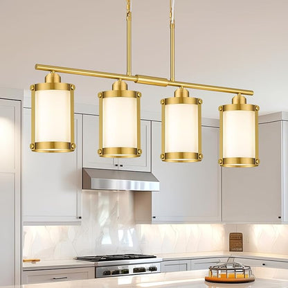 4-Light Kitchen Island Lighting, Brushed Gold Linear Dining Room Light Fixtures with Frosted Glass, Modern Mid Century Chandelier Pendant Light for Kitchen Island Dining Room, OS-3014-4ISBGW