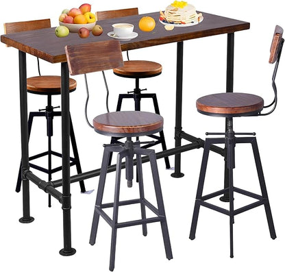Diwhy 5 Piece Bar Table and Barstool Set Industrial Rectangular Pipe Dining Pub Bar Desk and Kitchen Counter Height Adjustable Stool with Backrest Black(1 Table + 4 Chairs)