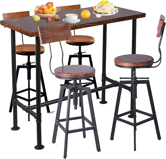 Diwhy 5 Piece Bar Table and Barstool Set Industrial Rectangular Pipe Dining Pub Bar Desk and Kitchen Counter Height Adjustable Stool with Backrest Black(1 Table + 4 Chairs)