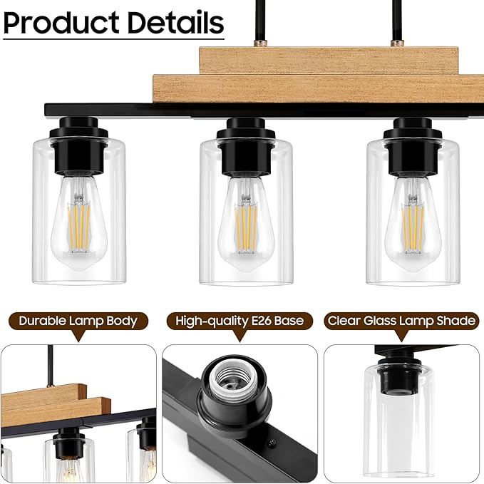 4-Light Linear Chandeliers for Dining Room Hanging, Farmhouse Dining Room Light Fixture Over Table, Black Pendant Kitchen Island Lighting, Wood Ceiling Light Fixture with Clear Glass Shade