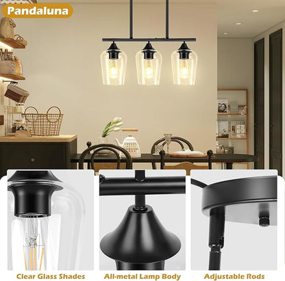 3-Light Pendant Lights Kitchen Island Lighting Fixtures Black Linear Chandelier Dining Room Light Fixture Ceiling Hanging Modern Kitchen Chandeliers Over Table with Clear Glass Shades