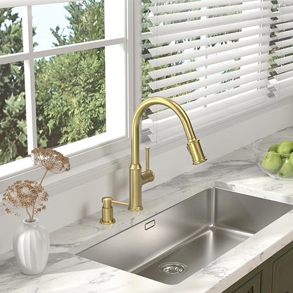 Lava Odoro Curtura Brushed Gold Kitchen Faucet with Pull Down Sprayer, Brass Kitchen Sink Faucet, Single Hole Kitchen Faucet with 3-Function Sprayer, Deck Plate Included, Spot-Free, 1.8GPM, KF421-SG