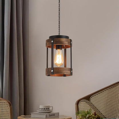 Rustic Farmhouse Plug in Pendant Light Fixture with Adjustable Chain, Dimmable Switch, Oak Wood and Metal Drum Cage Mini Hanging Lamp for Kitchen Island Living Room Hallway Farmhouse Bar, Black