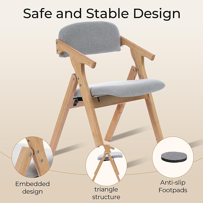 Folding Chairs with Padded Seats,Wooden Stackable Dining Chair,Easy to Store Foldable Dining Chairs for Kitchen, Living Room, Wedding Party Picnic (Grey)