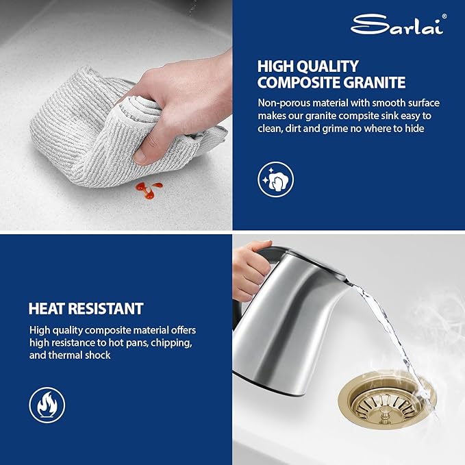 Sarlai 33 Granite Composite Kitchen Sink Double Bowl - 33"x22" White Granite Kitchen Sink Drop In Ledge Workstation Double Bowl 60/40 Low Divided Quartz Composite Above Counter with Gold Accessories